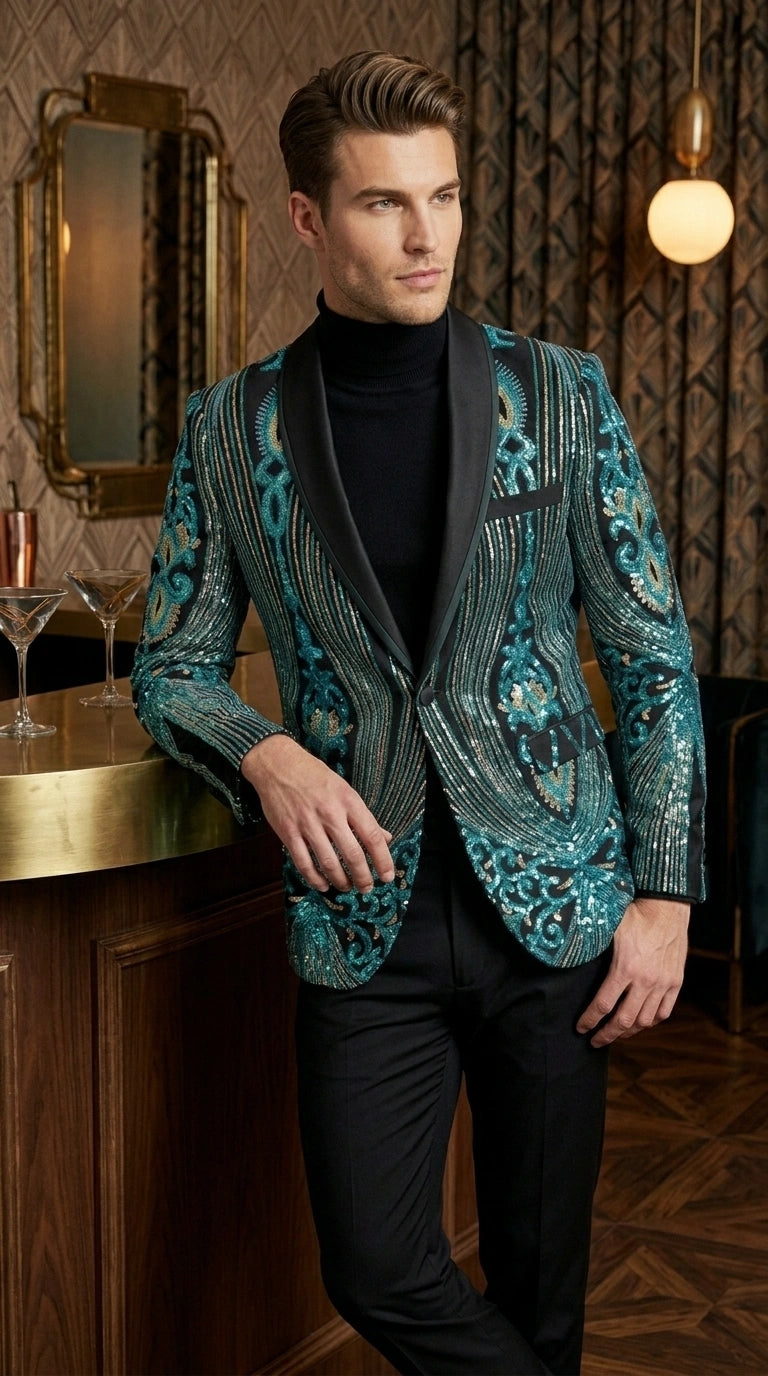 Men’s Black and Turquoise Blue With teal green Sequin Dinner Jacket, Formal Prom Wedding Paisley Floral Mardi Gra Pattern - 36 Short