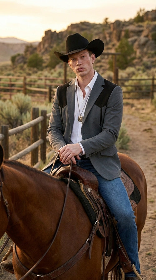 Men’s Dark Charcoal Western Blazer with Black Suede Yokes, Cowboy Sport Coat for Ranch Wedding and Country Events By Platini