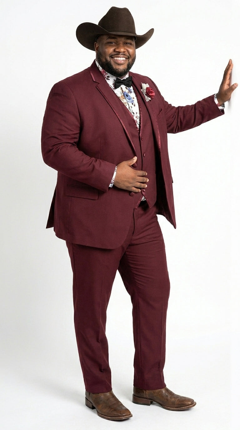 Men’s Burgundy Western Tuxedo Suit, 3 Piece Cowboy Formal Wedding Prom Suit with Satin Trim