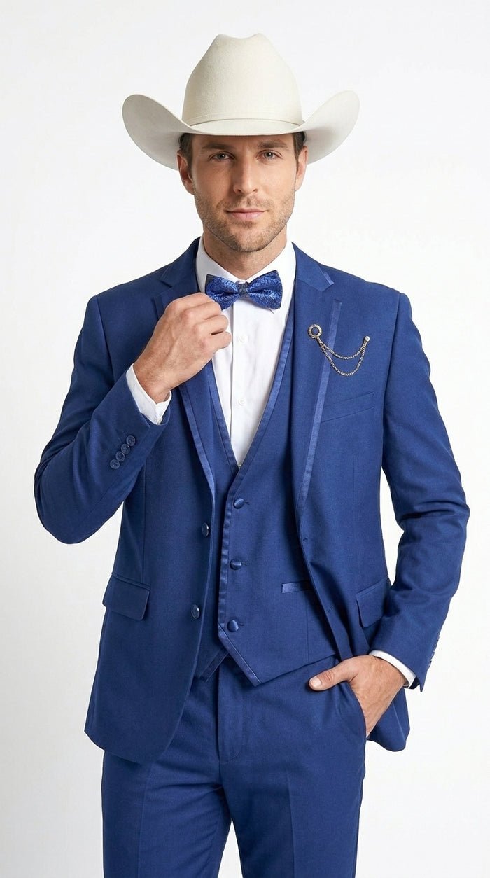 Men’s Blue Western Tuxedo Suit, 3 Piece Cowboy Formal Wedding Prom Suit with Satin Trim