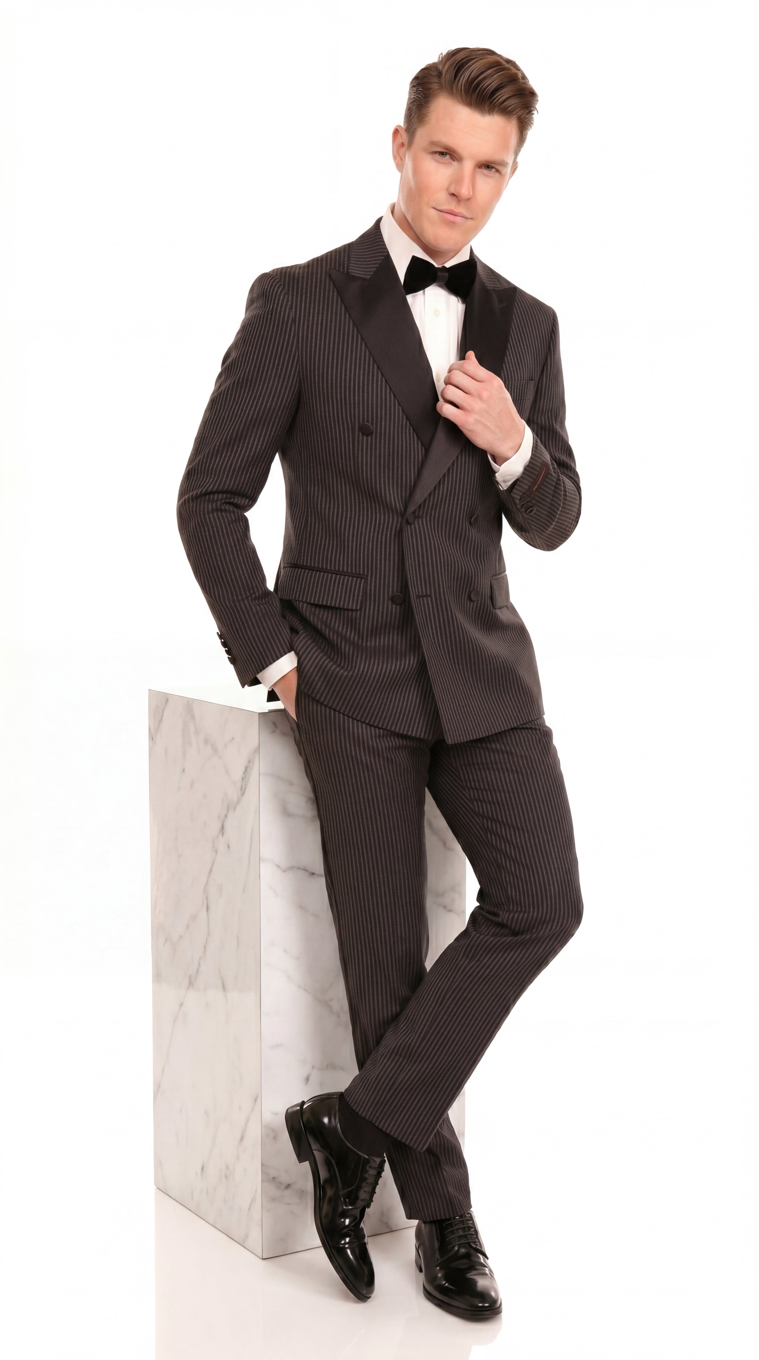 Men’s Double Breasted Suit – Classic Peak Lapel Formal Tuxedo Style Suit for Wedding in Black Ton on Tone Pinstripe