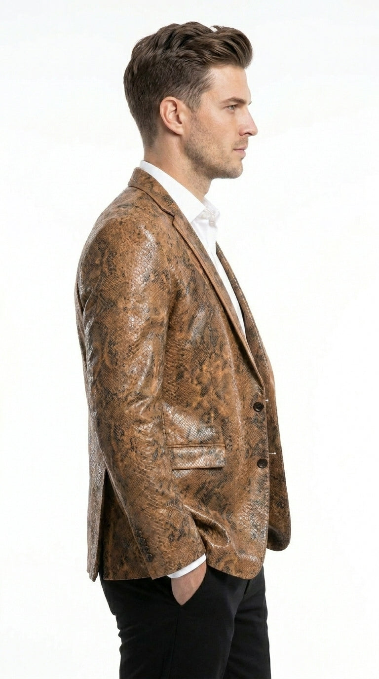 Men’s Brown Snakeskin Pattern Blazer – Stylish Exotic Print Formal Blazer Jacket for Party, Exotic Crocodile Alligator Print - 36 Short