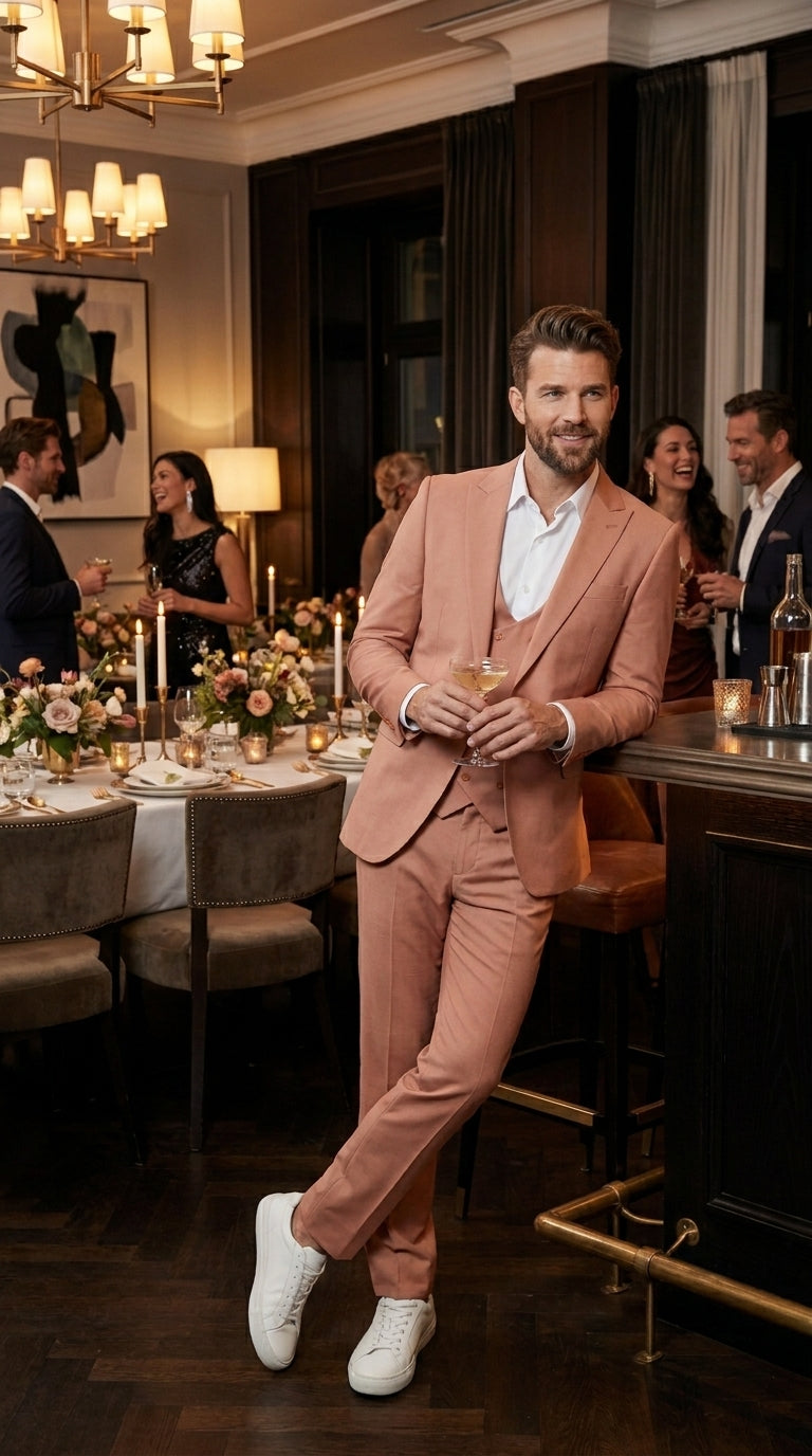 Men’s Peach Light Brown 3 Piece Suit – Wedding & Prom Formal Suit Set, Blazer Pants Double breasted vest - 34 Short or Extra Small