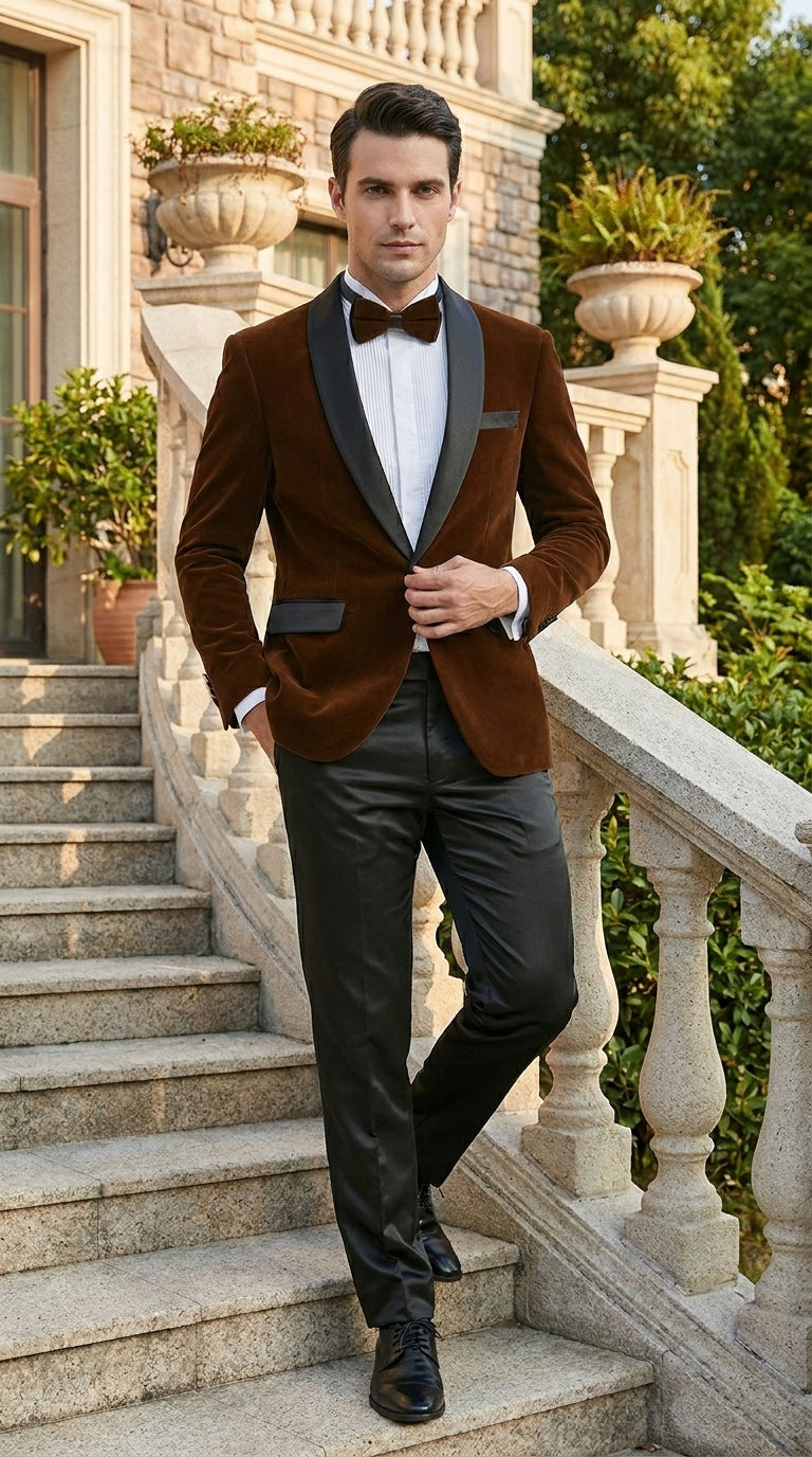 Men’s Brown Camel Bronze Velvet Tuxedo Jacket, Shawl Lapel Wedding Prom Dinner Blazer - Blazer Sportcoat - 36 Short