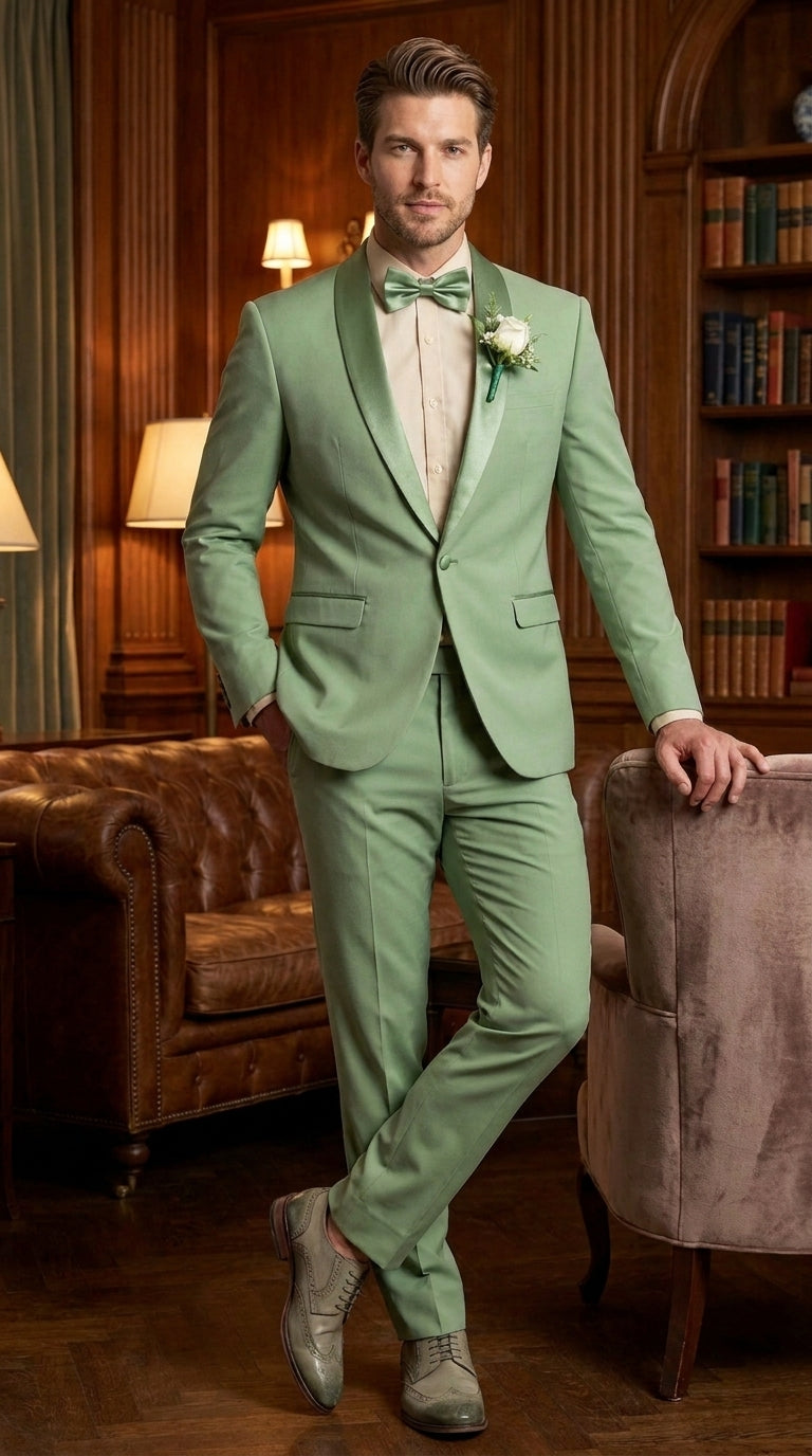 Mens Sage Green Wedding Tuxedo, Shawl Lapel Formal Groom Prom Tuxedo Suit - 34 Short or Extra Small