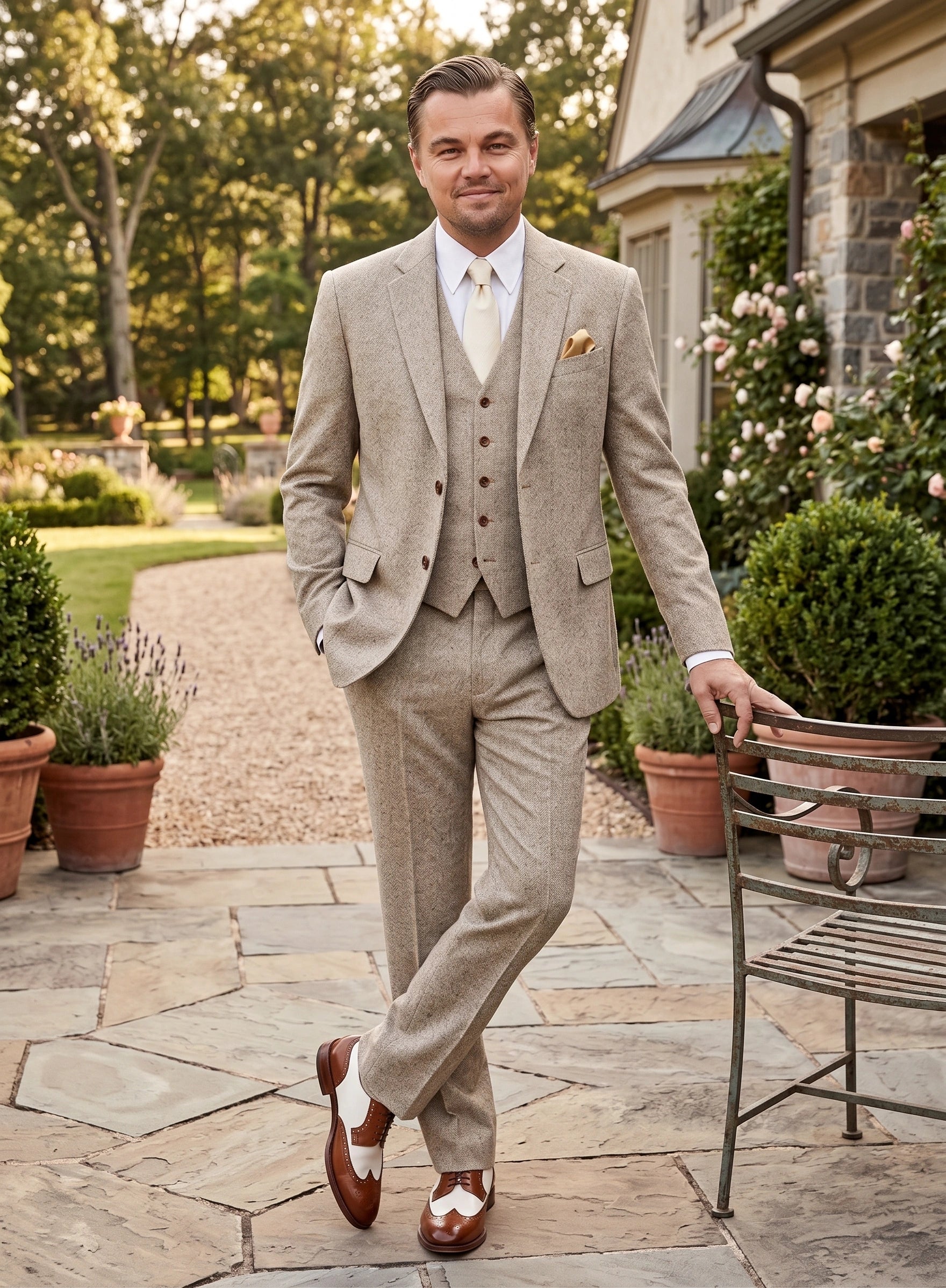 Men’s Light Tan Tweed Great Gatsby 3 Piece Suit – Vintage Vested Wedding Suit, 1920s Classic Formal Outfit Herringbone - 34 Short or Extra Small