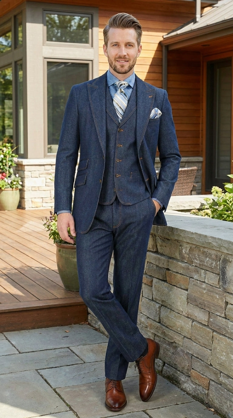 Men’s Pleated Pants Dark Blue Denim 3 Piece Suit – 100% Cotton Formal Suit Set, Blazer Vest Pants Outfit Classic Fit Athletic Fit Lose Fit - 34 Short or Extra Small