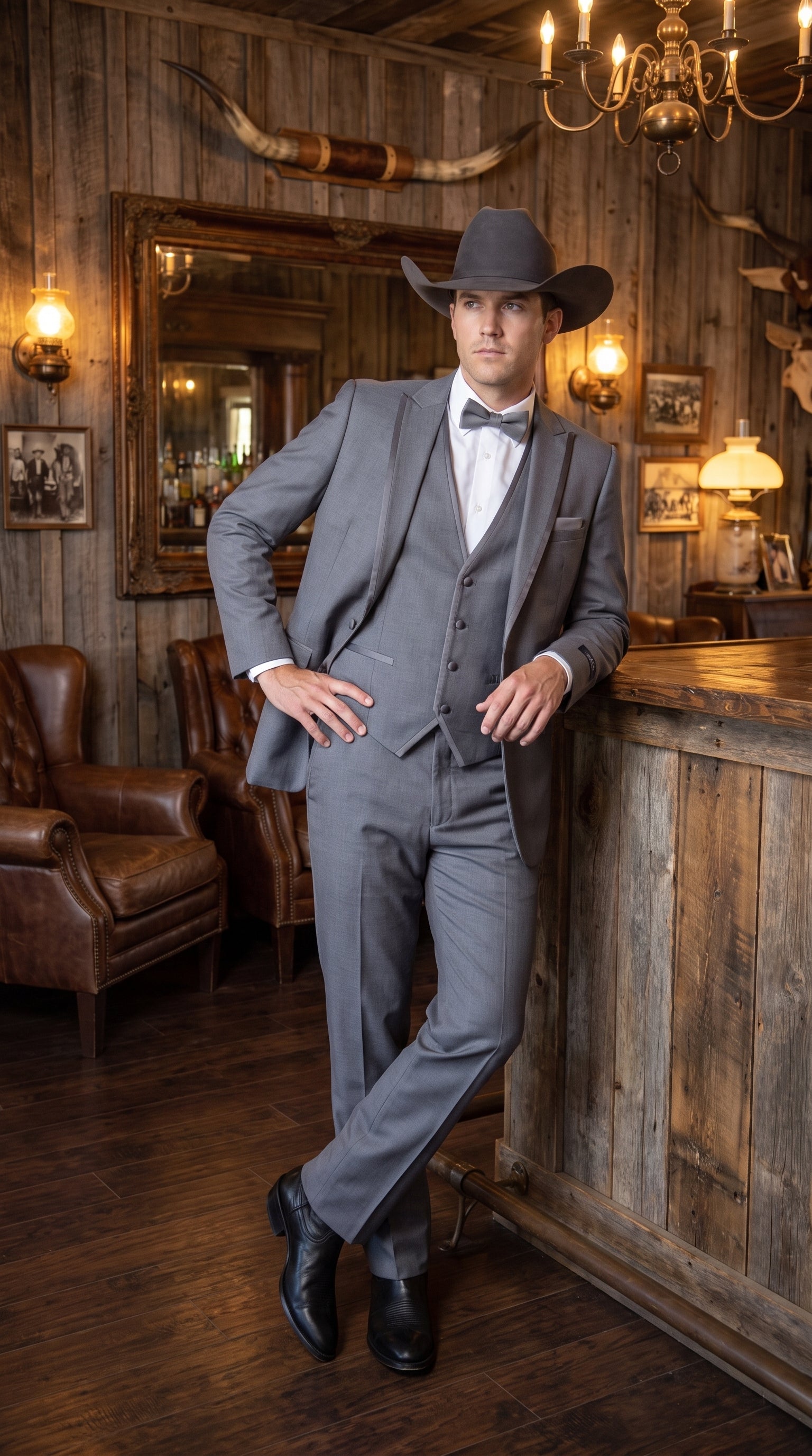 Men's Medium Grey Western 3-Piece Tuxedo Suit with Vest – Cowboy Style Formal Country Outfit - 34 Short or Extra Small