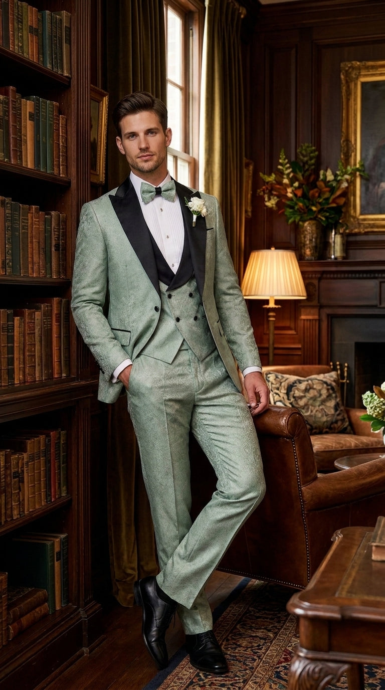 Men’s Sage Green Wedding Tuxedo with Black Shawl Lapel – 3 Piece Groom Prom Suit Mintish Color - 34 Short or Extra Small