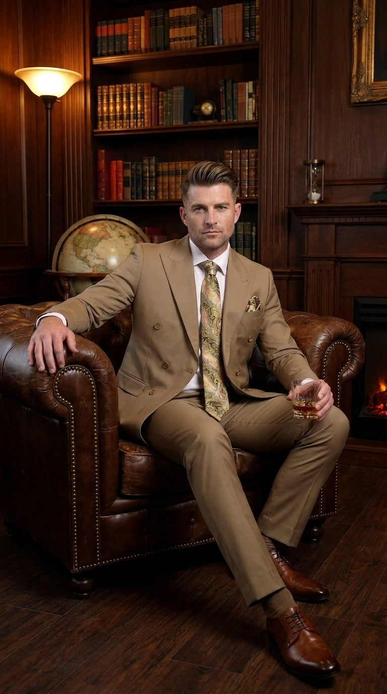 Men’s Statement Brand Caramel Khaki Double Breasted Wool Suit, Designer Formal Business Suit Set Wool Suit in Camel Color - 34 Short or Extra Small
