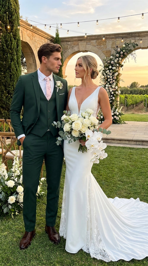 Men’s Forest Green 3 Piece Wedding Suit, Formal Groom Groomsmen Dress Suit Set