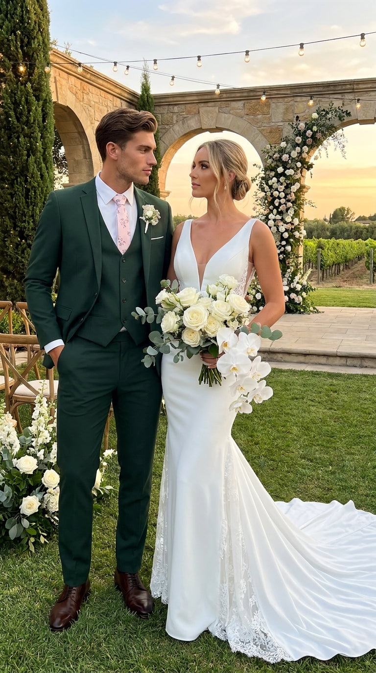 Men’s Forest Green 3 Piece Wedding Suit, Formal Groom Groomsmen Dress Suit Set - 34 Short or Extra Small