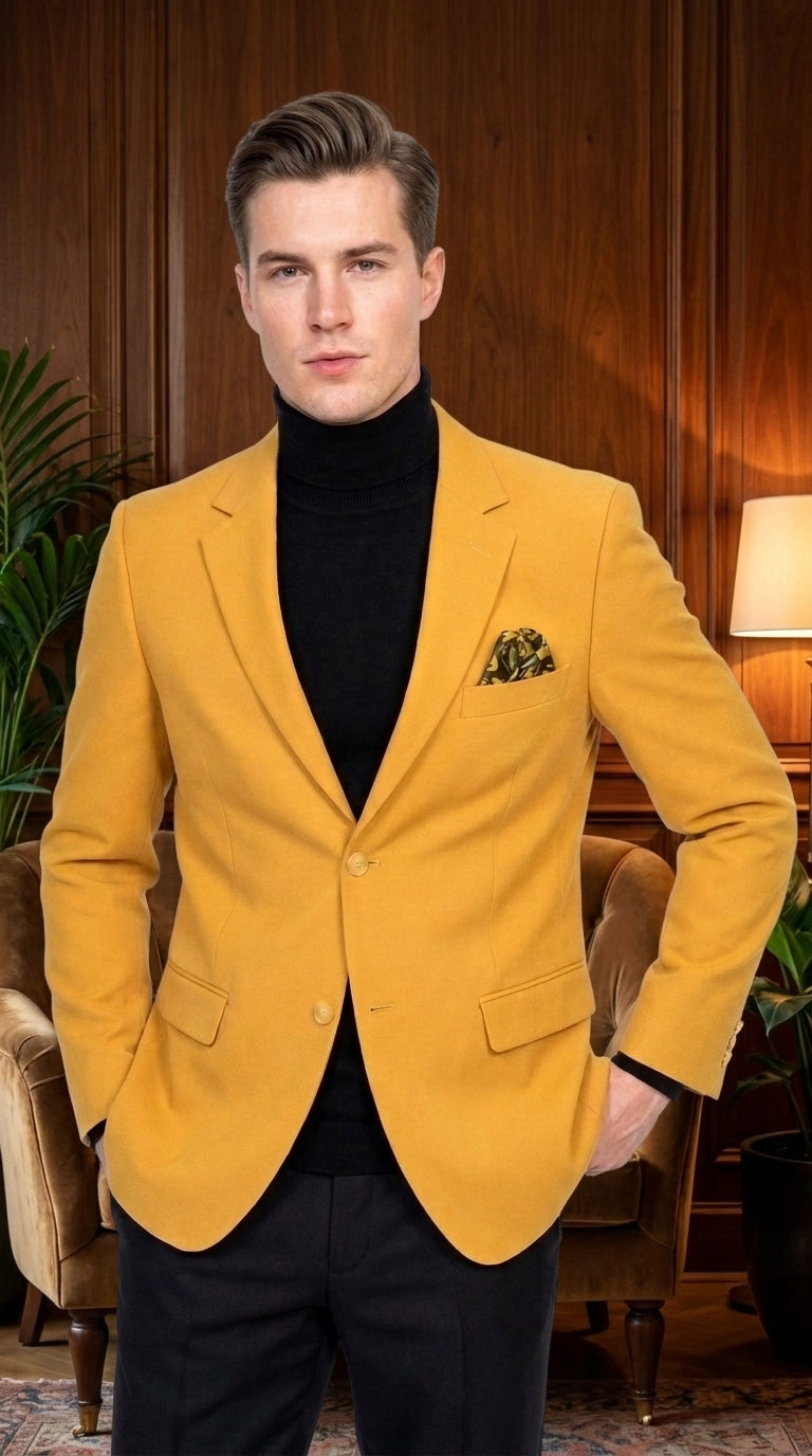 Men’s Mustard Gold Blazer, Fashion Sport Coat Wedding Party Church Dress Jacket - 36 Short