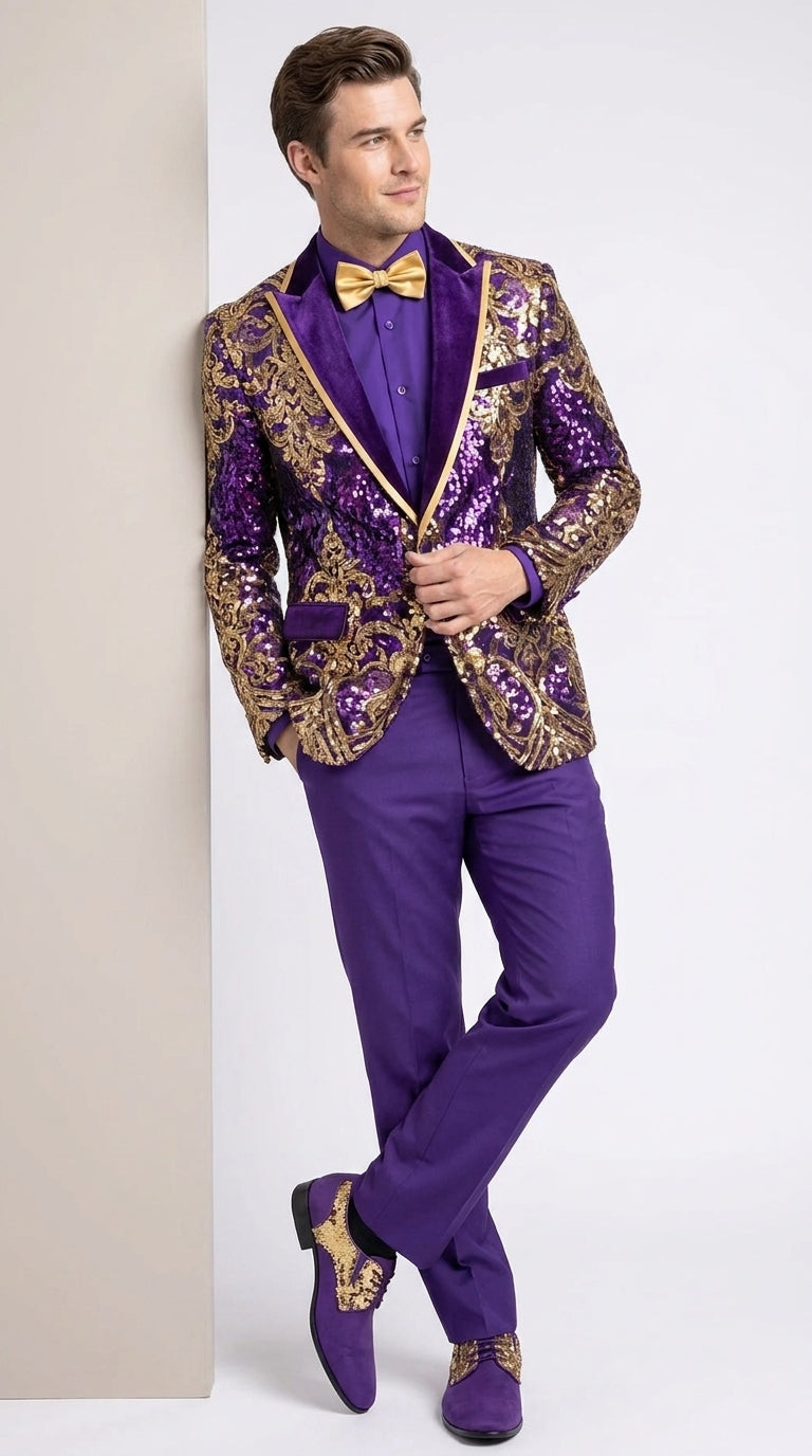 Men’s Purple and Gold Sequin Suit with Pants – Luxury Prom, Wedding and Party Blazer - 34 Short or Extra Small