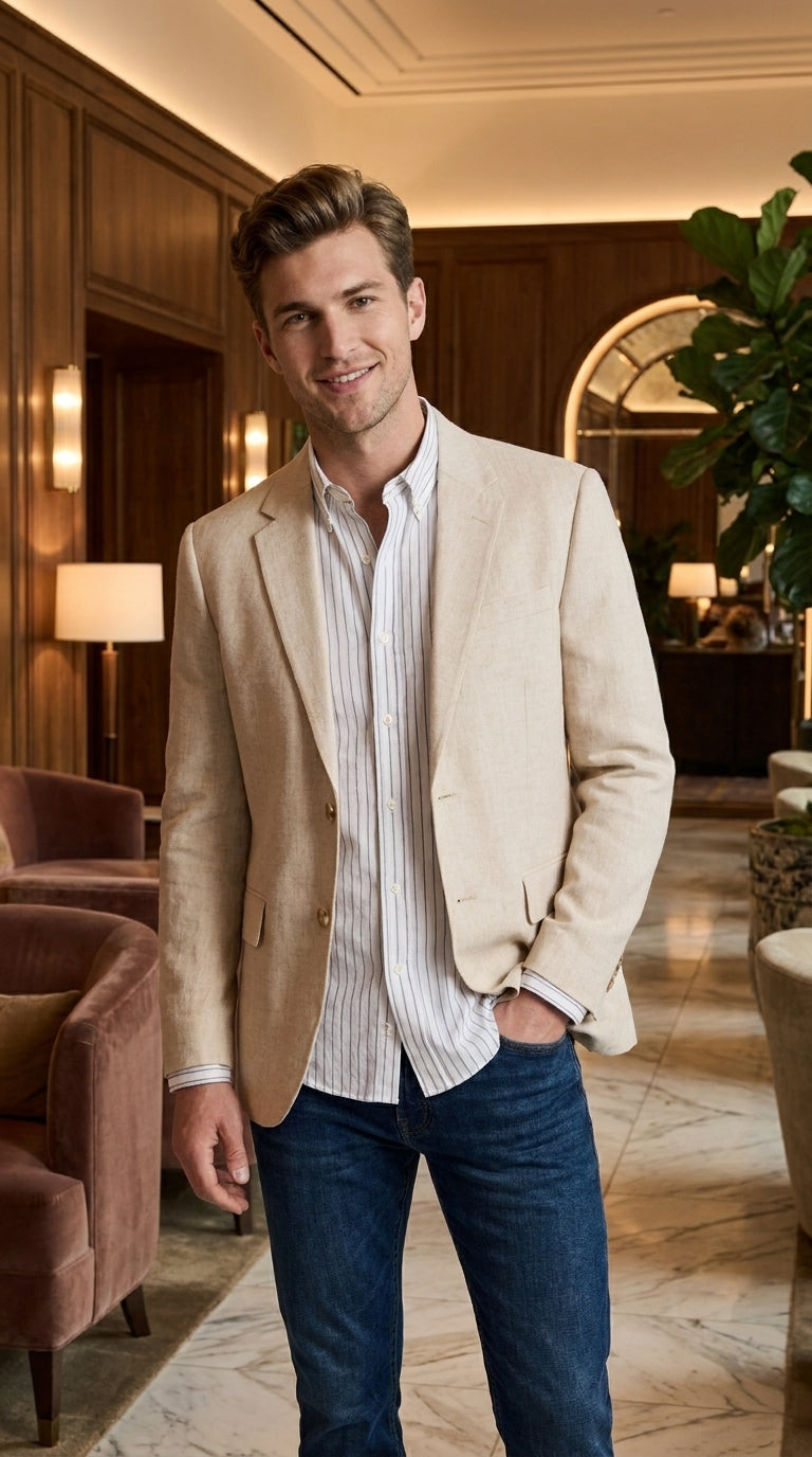 Men’s Light Tan Sport Coat – Classic Two-Button Casual Blazer for Business, Weddings & Smart Casual Wear Modern Fit Linen Fabric - 36 Short