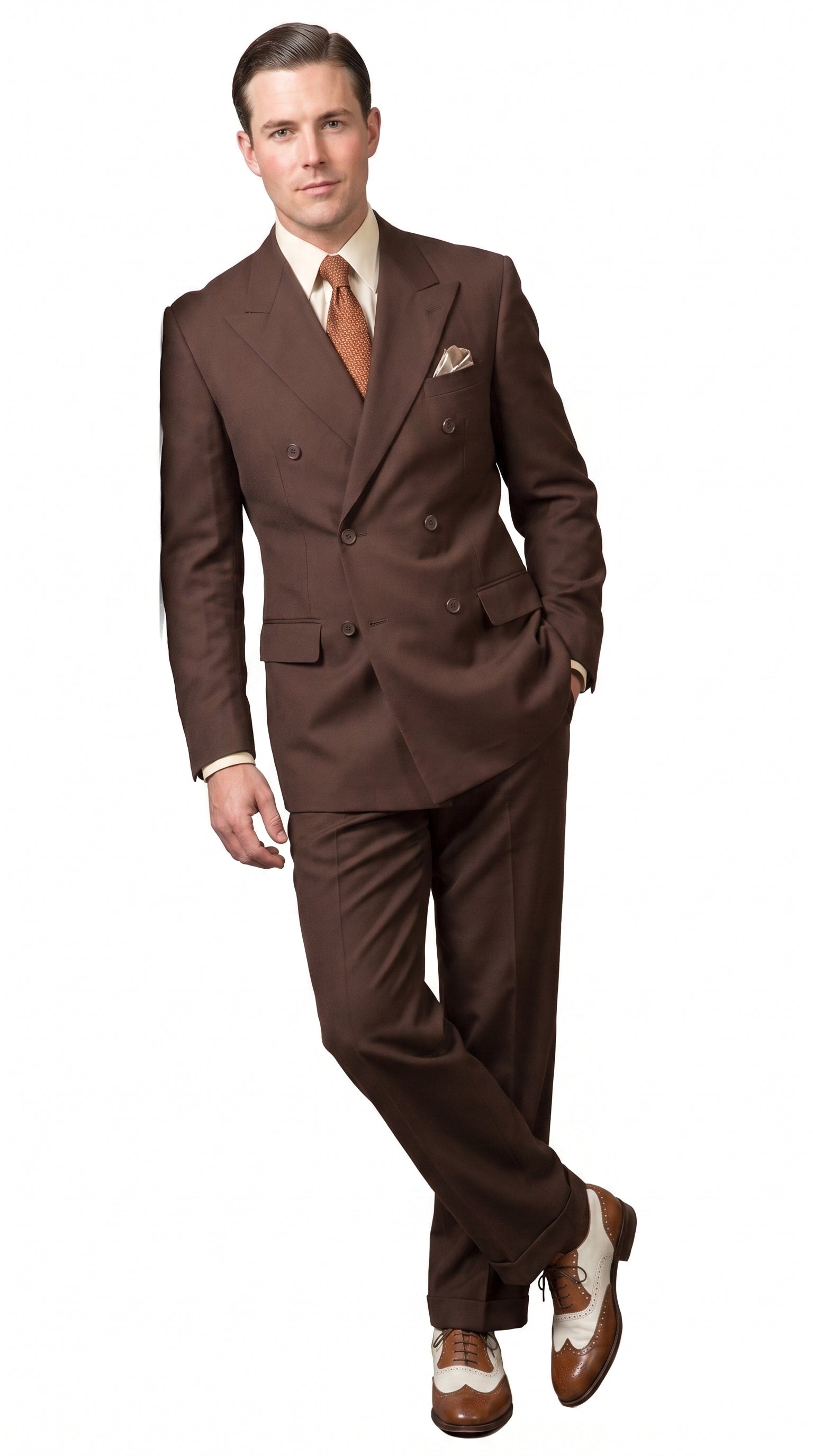 Men’s Brown Vintage Double Breasted Suit, Classic 1940s Style Formal Wedding Business Suit Set - 34 Short or Extra Small