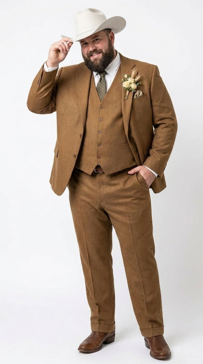 Men’s Tan Groom Outfit Country Wedding 3 Piece Suit Khaki Camel Color Modern Fit - 34 Short or Extra Small