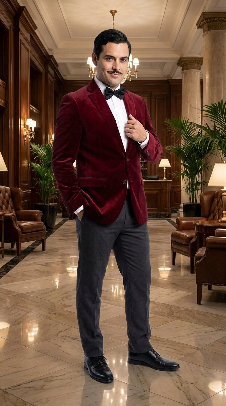 Men’s Gomez Addams Inspired Costume, Burgundy Velvet Blazer with Black Pants Formal Party Outfit Combo - 36 Short
