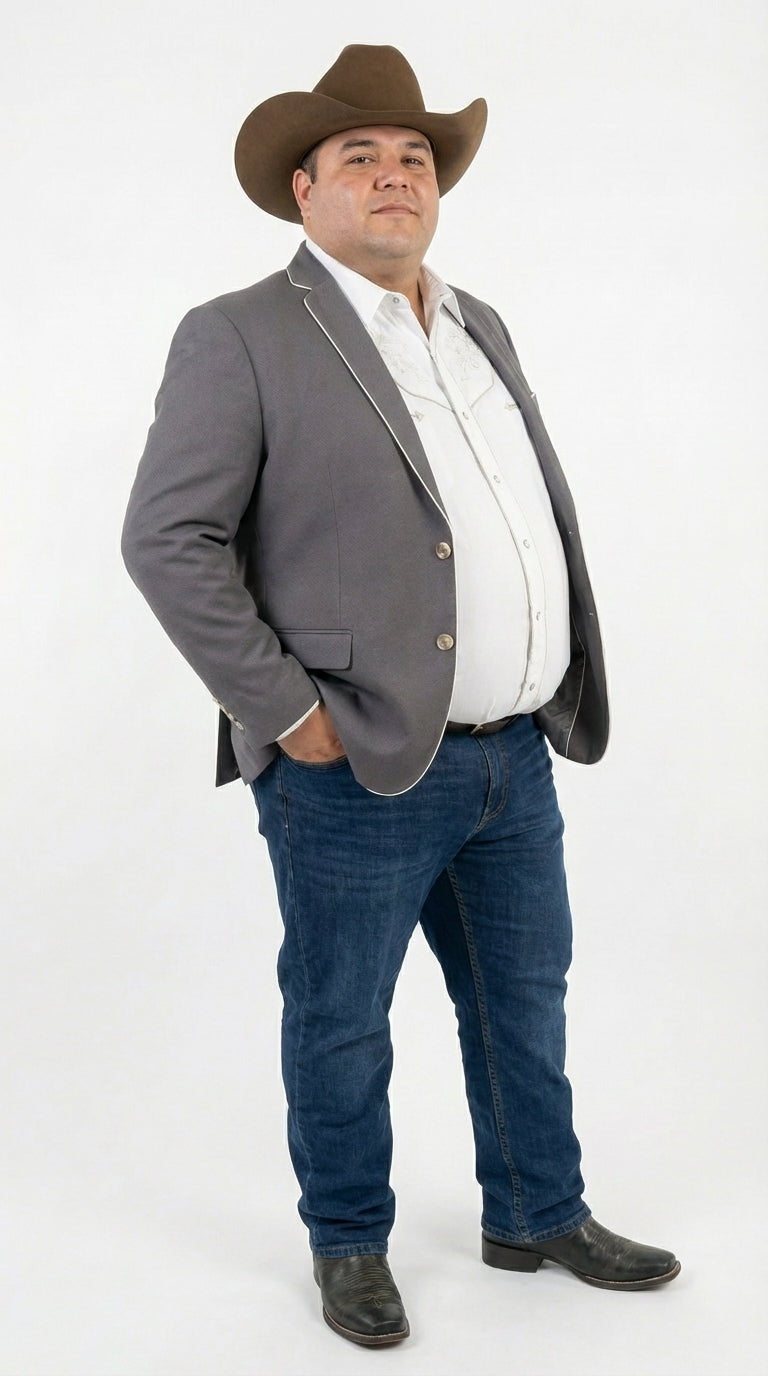 Mens Grey and White Trim Western Blazer – Classic Fit Cowboy Style Contrast Trim Dress Jacket - 34 Short