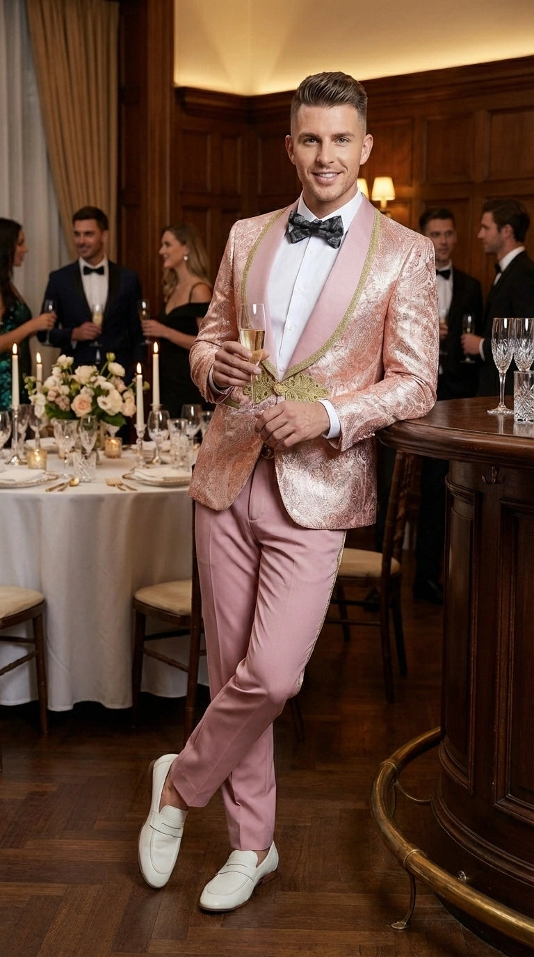 Men’s Rose Gold Pink Prom Tuxedo Suit – Slim Fit Paisley Pattern Formal Tuxedo Suit for Prom, Wedding and Special Events - 34 Short or Extra Small