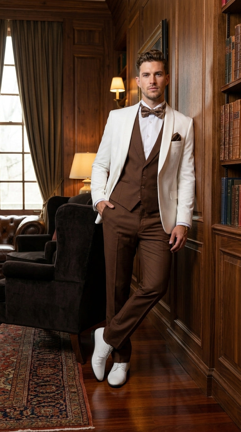 Men’s Ivory and Brown 3 Piece Suit – Elegant White Blazer with Brown Vest and Trousers for Wedding, Prom and Formal Events in off White Cream + Bowtie - 34 Short or Extra Small