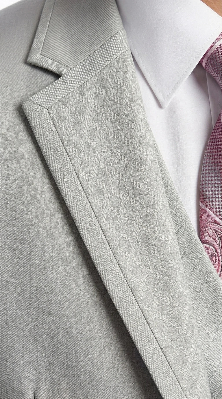 Men’s Light Gray 3 Piece Suit – Ice Silver Gray Formal Suit Set with Vest, Patterned Lapel and Tie for Wedding, Prom and Business Events - 34 Short or Extra Small