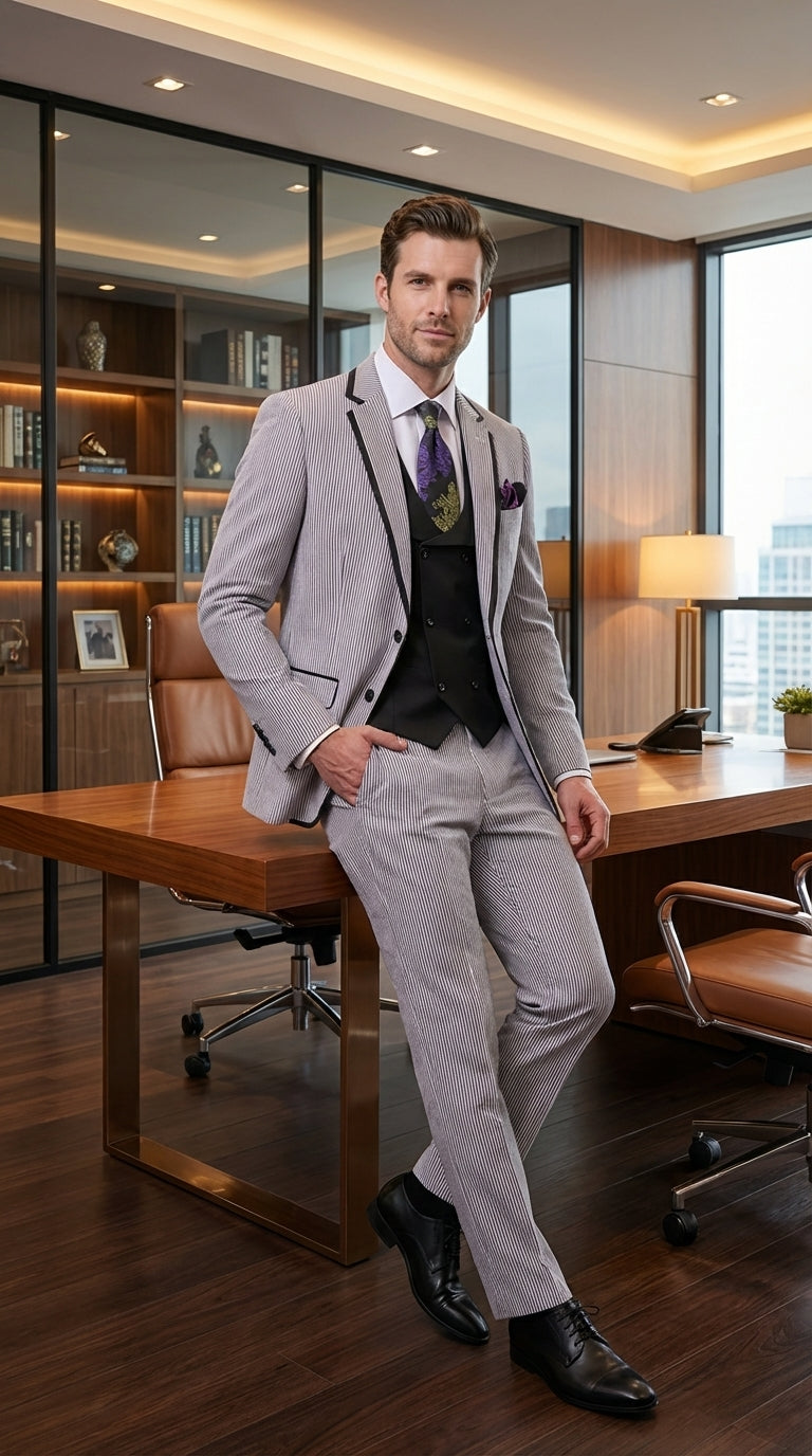Mens Black and White Pinstripe Wedding Tuxedo Suit – Three Piece Formal Suit Set with Contrast Trim for Groom, Prom - Seersucker Summer Suit - 34 Short or Extra Small