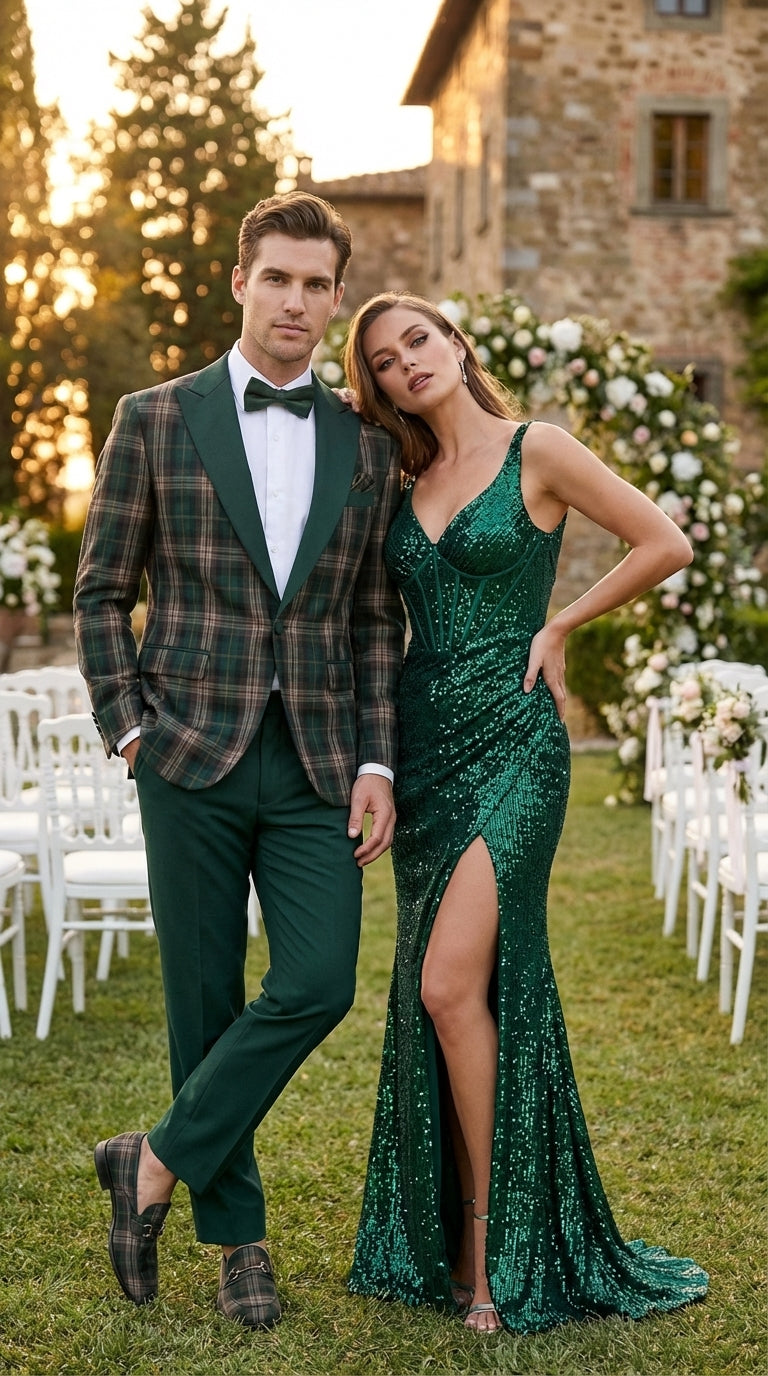 Mens Tartan Green and Brown Blue Plaid Tuxedo Dinner Jacket Set – Checkered Prom Blazer with Dark Green Pants Formal Wedding Party Wear - 36 Short