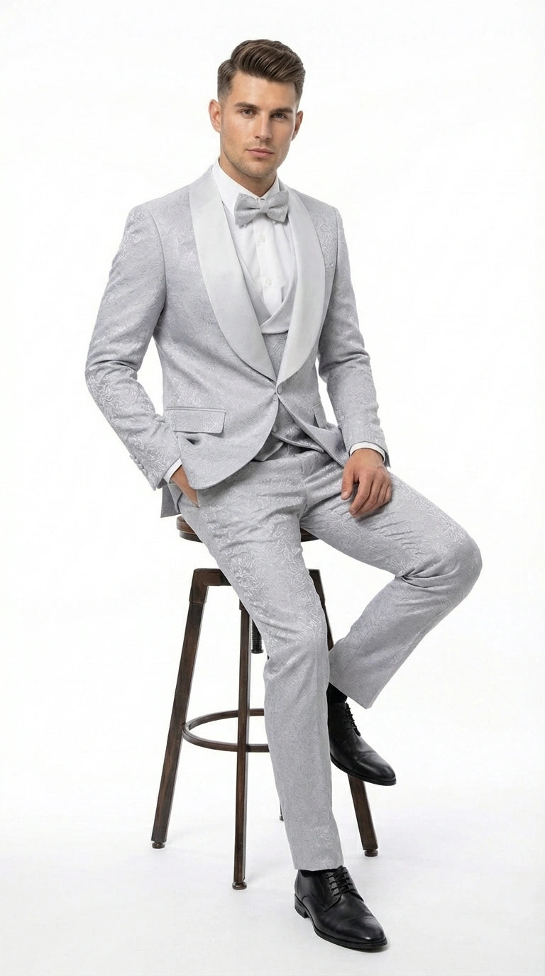 Mens Light Silver Wedding Tuxedo Suit – Paisley Fabric Three Piece Formal Suit Set with Shawl Lapel for Groom, Prom, Gala and ice Grey - 34 Short or Extra Small