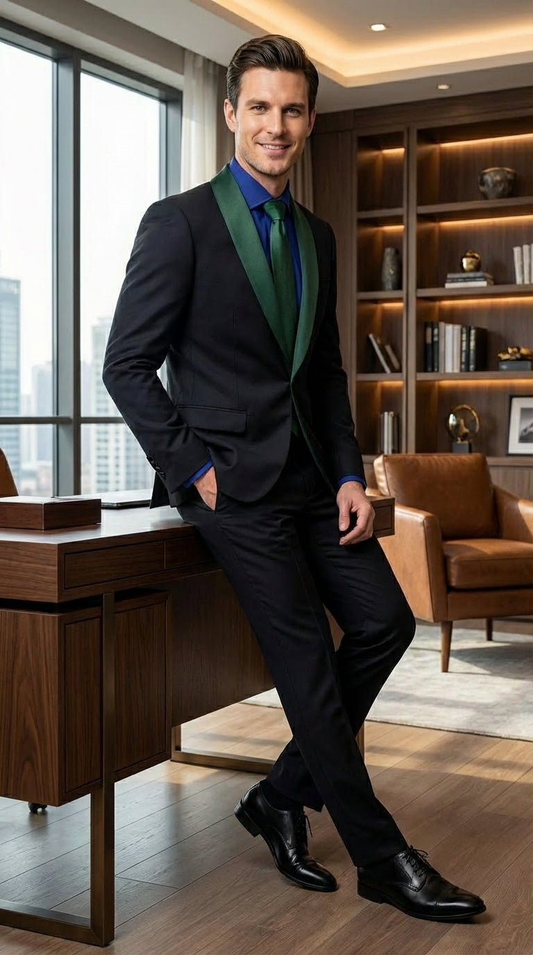 Men’s Black Suit with Hunter Green Shawl Lapel – Black and Hunter Green Formal Tuxedo Suit for Wedding, Prom With Bow Tie - 34 Short or Extra Small