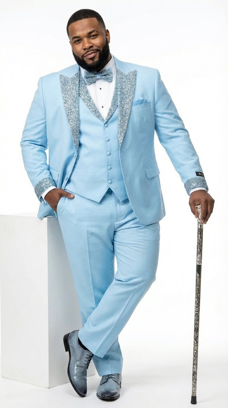 Mens Light Blue 3 Piece Prom Tuxedo – Sky Blue Formal Suit with Sequin Lapel Wedding Party Tuxedo Set in Baby Blue - 34 Short or Extra Small