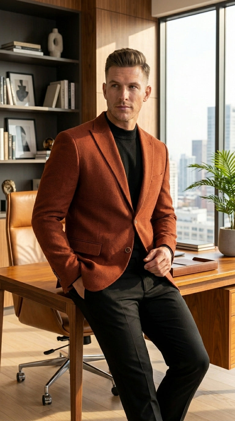 Men’s Rustic Brown Textured Blazer with Notched Lapel, Formal Dress Jacket for Weddings, Parties, Business Look - 36 Short