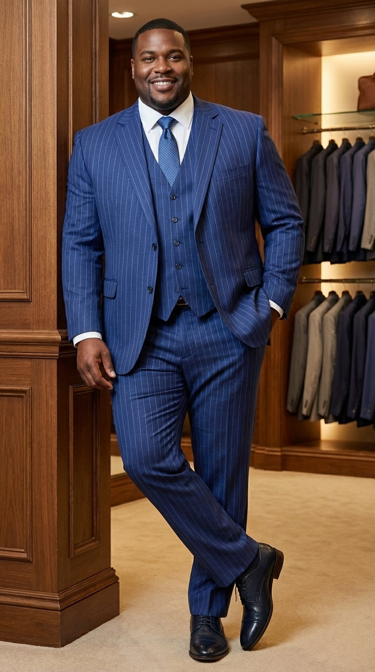 Men’s Cobalt Blue 3 Piece Suit – Indigo Light Blue Pinstripe Formal Suit with Vest for Wedding, Business Modern Fit Two buttons - 34 Short or Extra Small