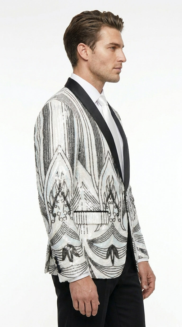 Men’s White and Black Patterned Tuxedo Blazer – Luxury Designer Dinner Jacket for Wedding, Prom and Formal Events New Year Christmas Holiday - 36 Short