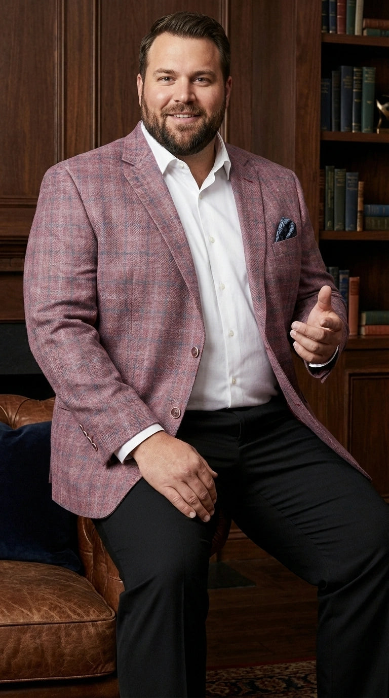 Mens Dusty Rose Mauve Pink with Tint of Blue Plaid Sport Coat Blazer – Classic Check Pattern Casual Blazer Jacket for Business Casual, Wedding - 36 Short