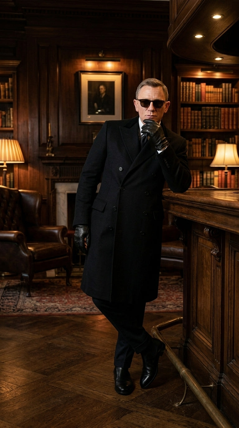 Men’s Black Double Breasted Overcoat, James Bond Inspired Long Formal Coat for Weddings, Business Events, Parties, and Winter Occasions - Coat Size 38