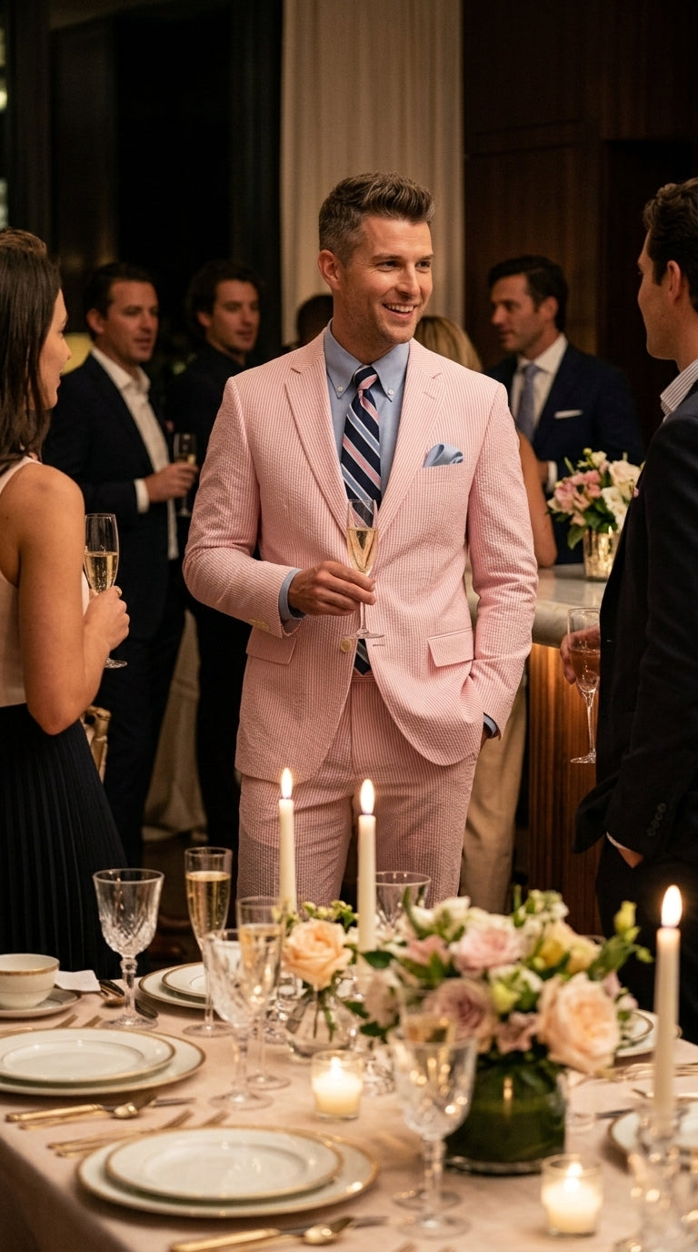 Men’s Pink Seersucker 2 Piece Suit, Lightweight Summer Dress Suit for Weddings, Prom, Parties, and Special Occasions - 34 Short or Extra Small