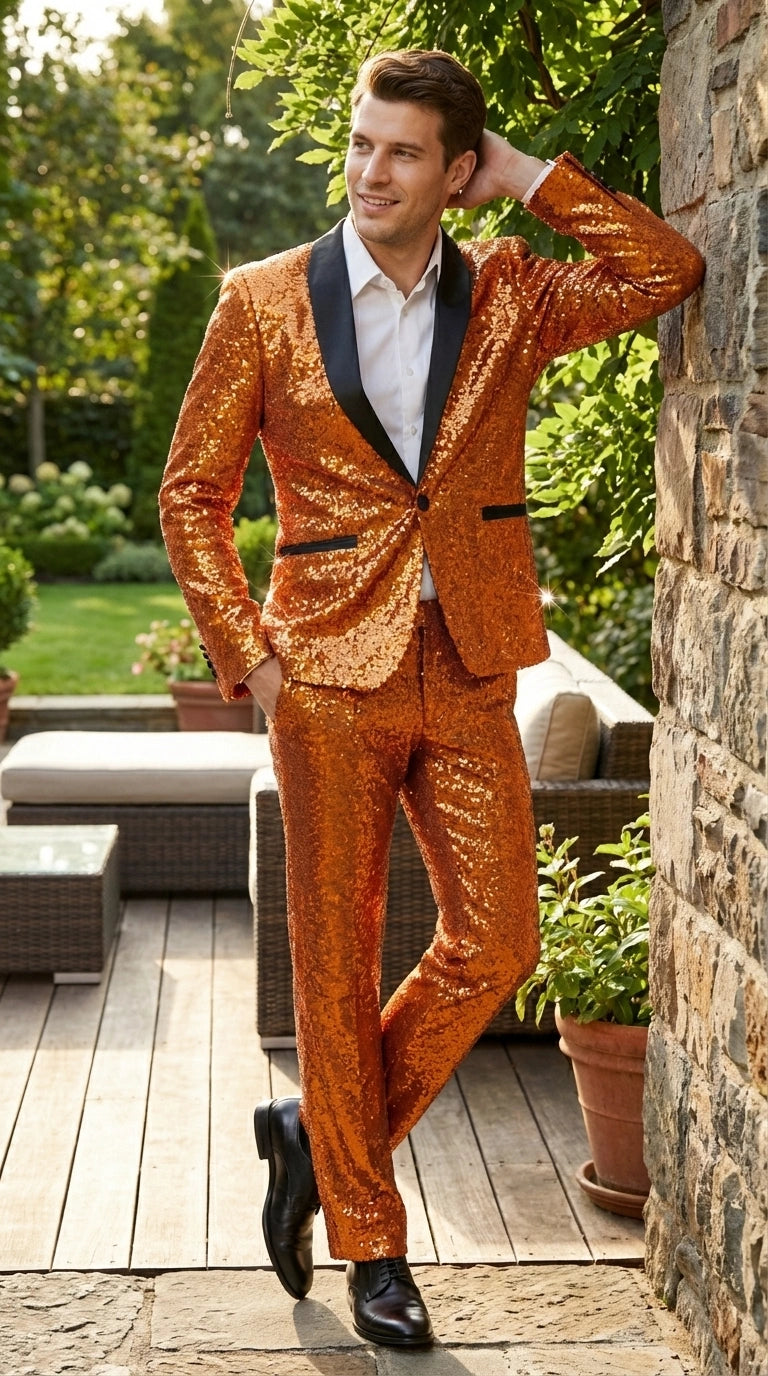 Mens Orange Sequin Tuxedo Suit – Shiny Wedding Suit Set with Black Lapel for Prom, Party, Gala and Formal Evening Wear - Goldish Orange - 34 Short or Extra Small