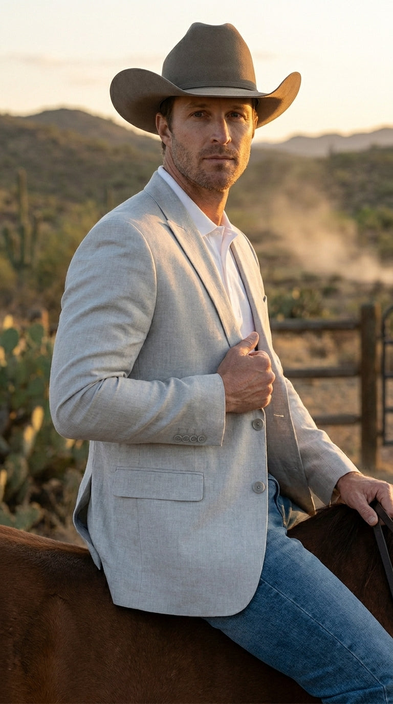 Men’s Very Light Grey - Linen Western Cowboy Blazer, Formal Sport Coat for Weddings, Parties, Country Events, and Casual Dress Wear in Ice Ash Color - 36 Short