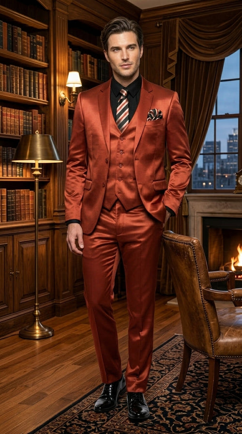 Men’s Rust Copper Coganc Shiny Sateen 3 Piece Suit, Vested Formal Wedding Prom Suit Set Ultra Slim Fit