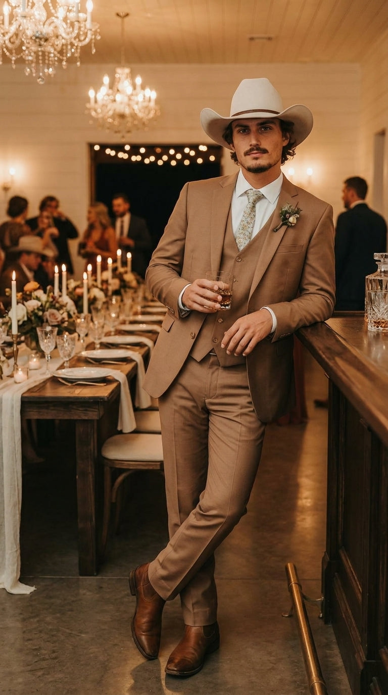 Mens Camel Brown Copper Western 3 Piece Suit – Classic Country Style Blazer Vest Pants Set, Formal Cowboy Suit Outfit - 34 Short or Extra Small