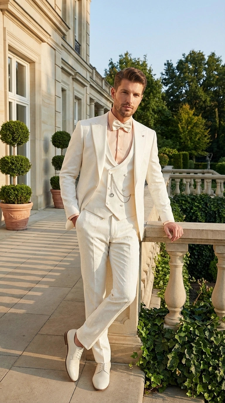 Vinci Men’s Ivory Three Piece Suit – Ivory 3PC Formal Wedding Suit for Groom, Prom and Black Tie Events - 34 Short or Extra Small