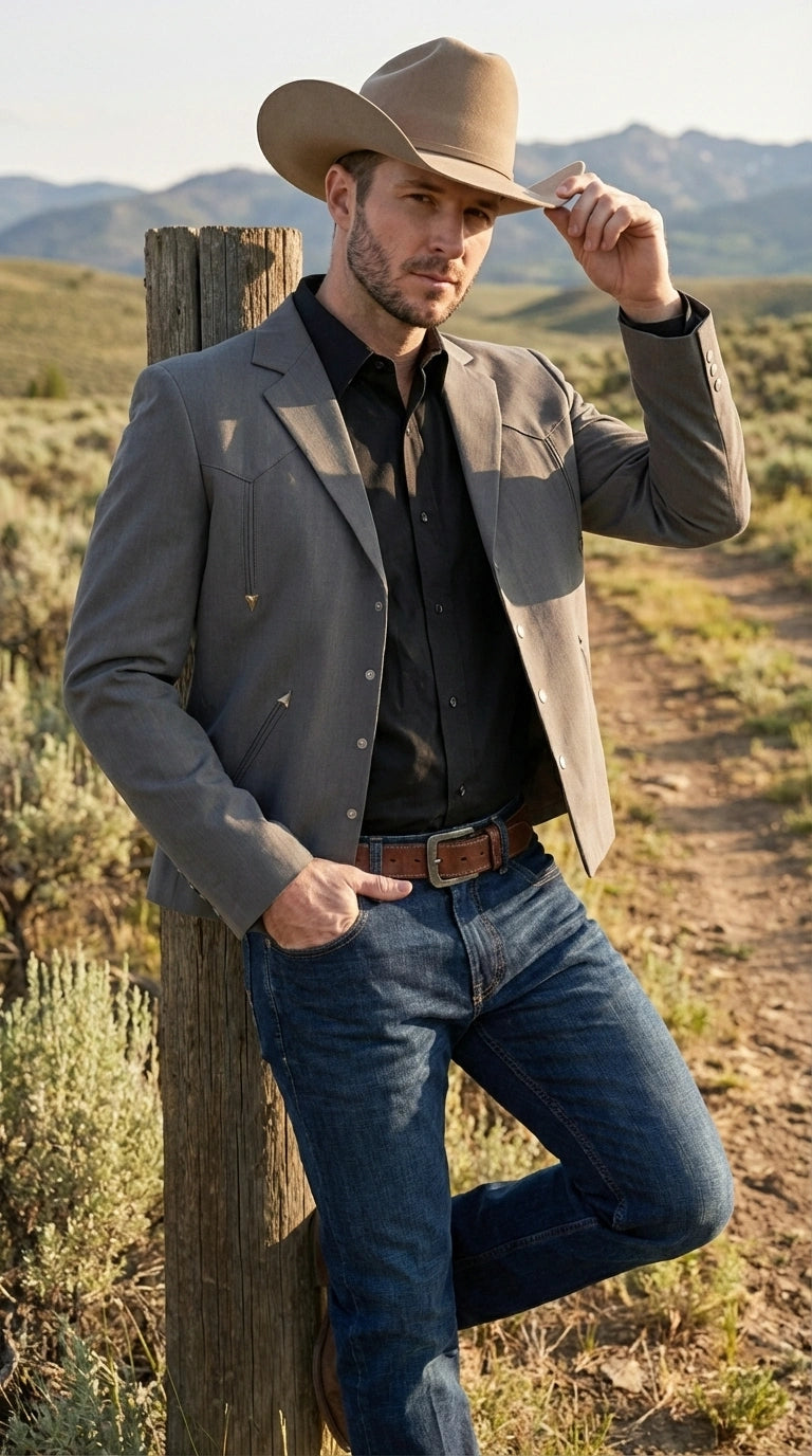 Mens Charcoal Gray Western Blazer – Cowboy Style Casual Jacket Classic Country Western Sport Coat - 36 Short