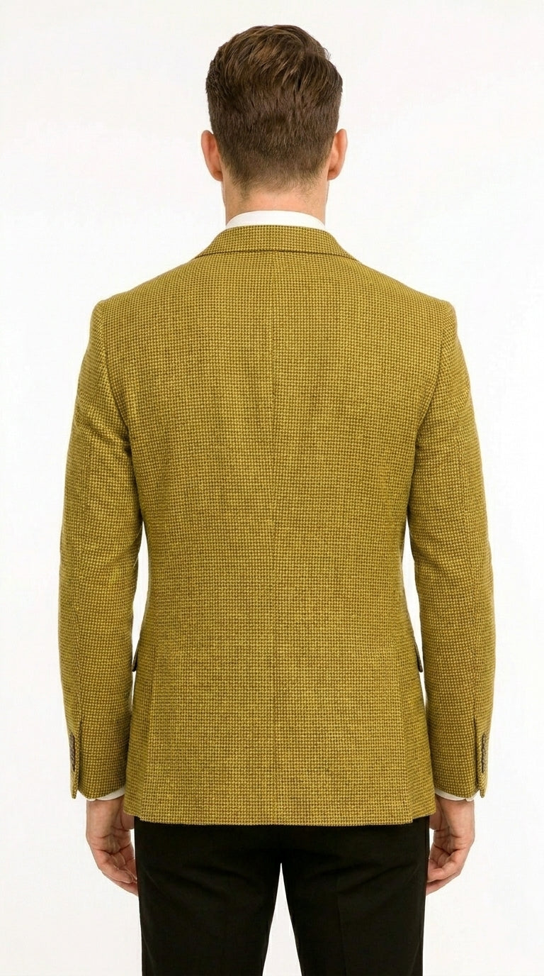 Men’s Mustard Gold Yellow Houndstooth Blazer Jacket, Check Pattern Formal Sport Coat for Weddings, Prom, Business 2 Buttons Modern Fit - 36 Short