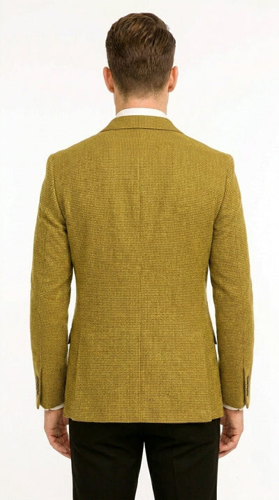 Men’s Mustard Gold Yellow Houndstooth Blazer Jacket, Check Pattern Formal Sport Coat for Weddings, Prom, Business 2 Buttons Modern Fit