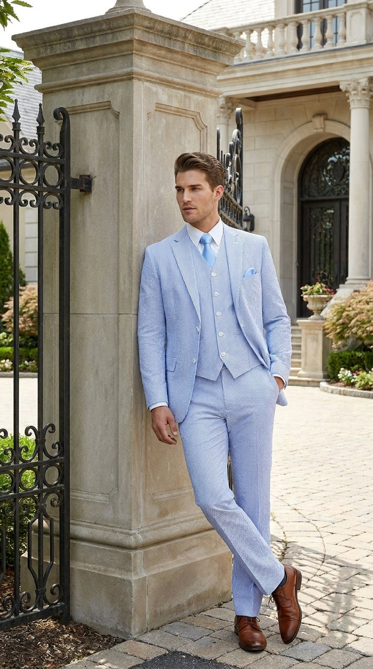 Cheap priced Suit - Mens 2 Button Jacket + Pants Summer Seersucker Blue Suit