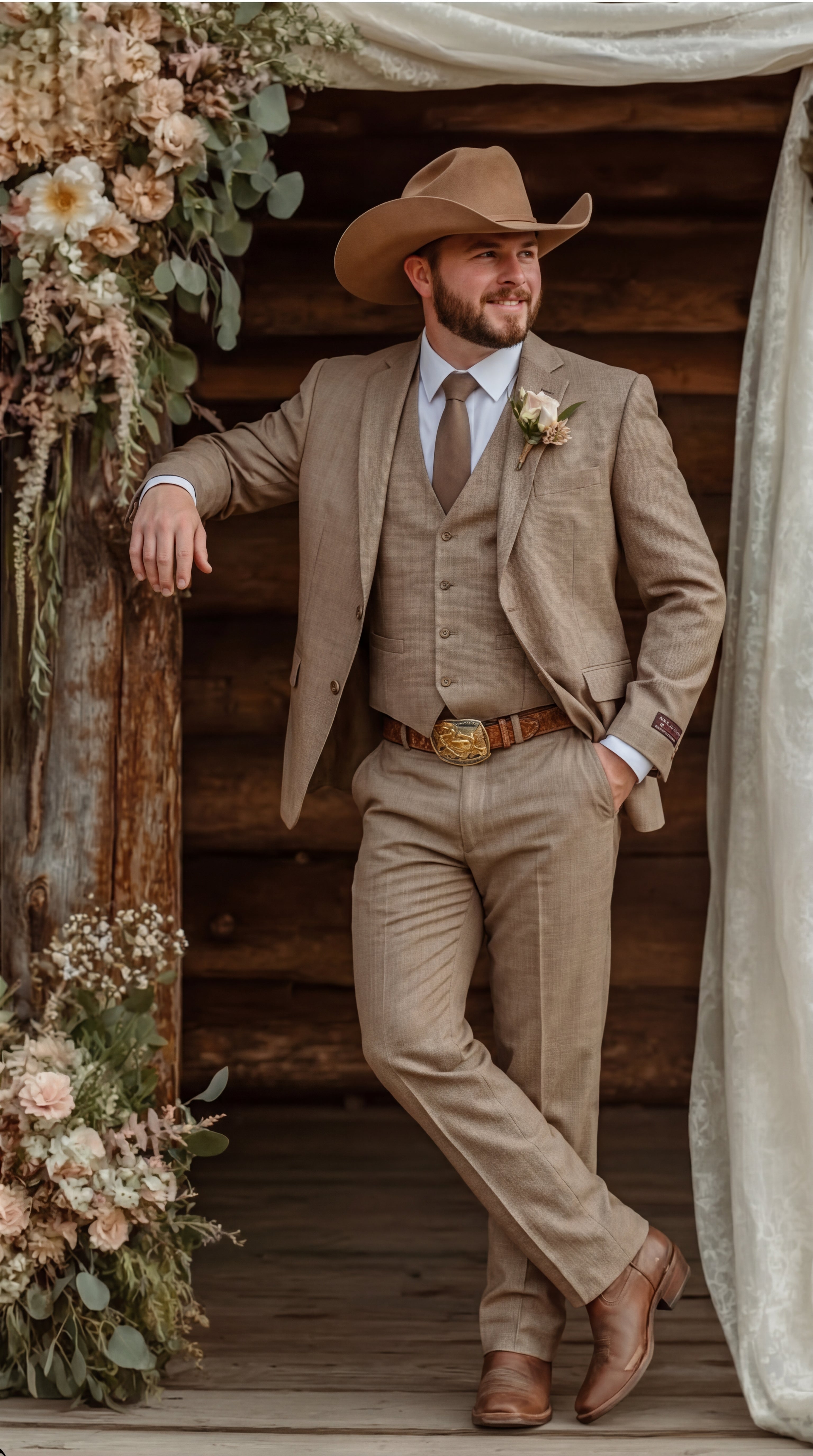 Mens Sharkskin Dark Taupe Tan with sheen Western 3 Piece Suit – Classic Country Style Blazer Vest Pants Set, Formal Cowboy Suit Outfit - 34 Short or Extra Small