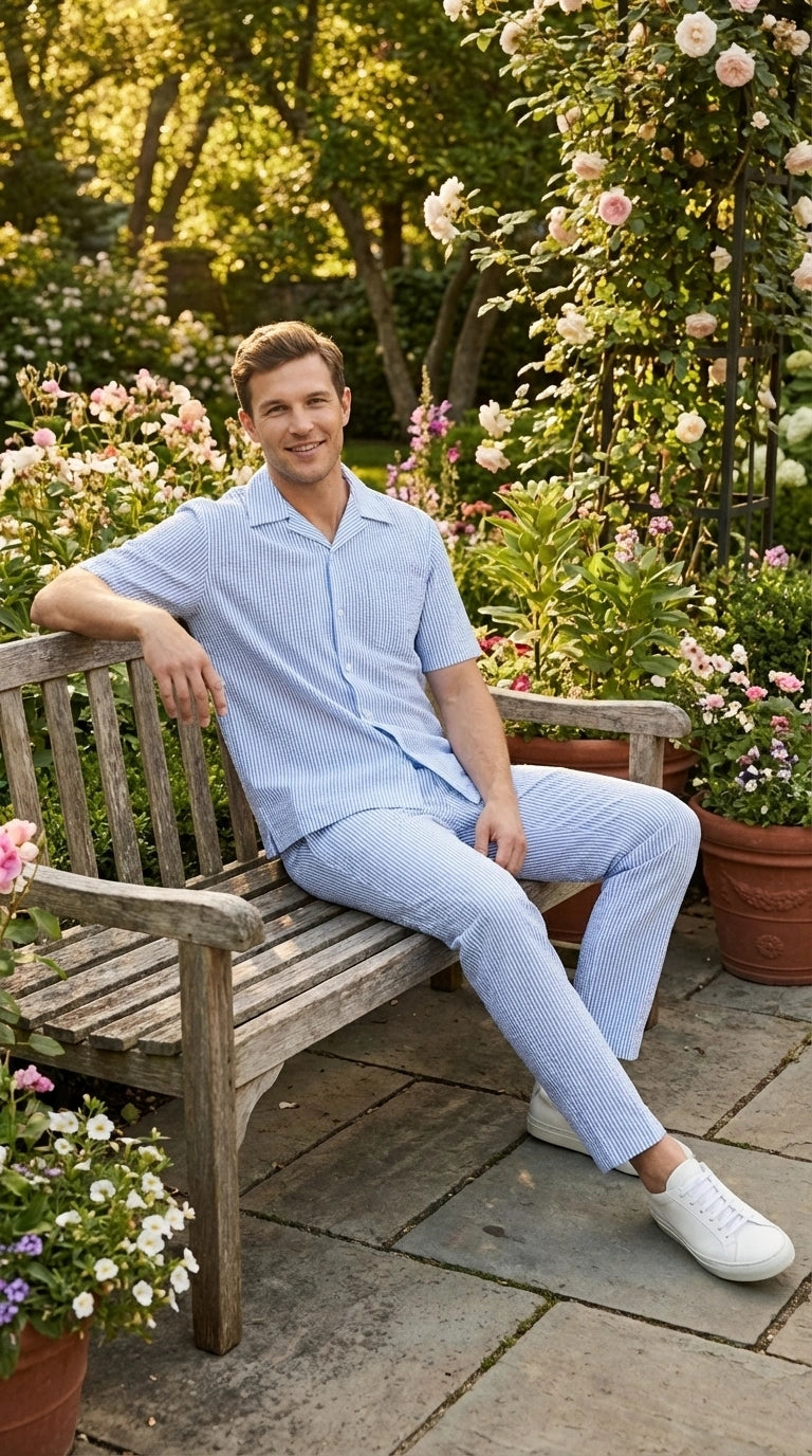 Mens Light Blue Seersucker Walking Suit Set – Casual Summer Short Sleeve Outfit with Matching Pants Lightweight Two Piece Set - S