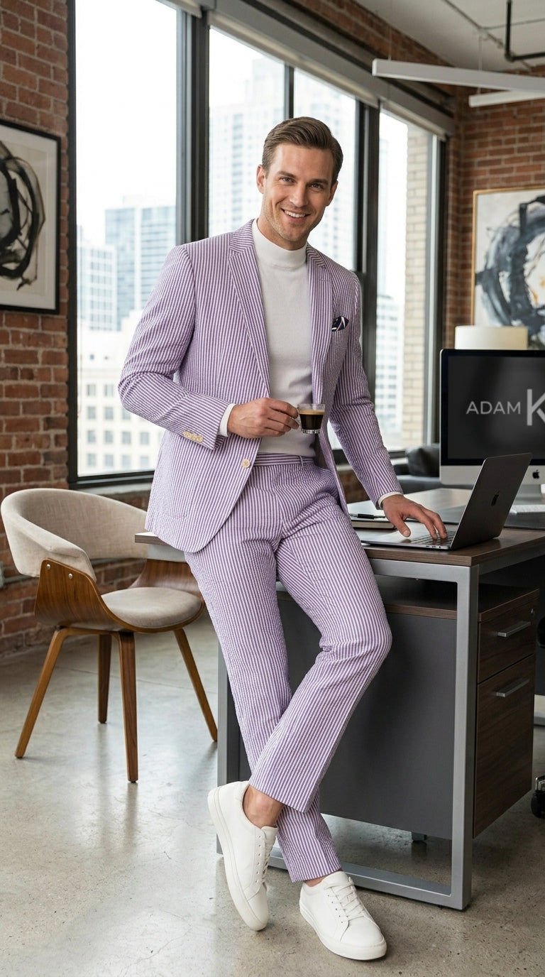 Men’s Lavender Seersucker 2 Piece Suit, Lightweight Summer Blazer and Pants Set for Weddings, Parties, Prom, and summer fabric - 34 Short or Extra Small