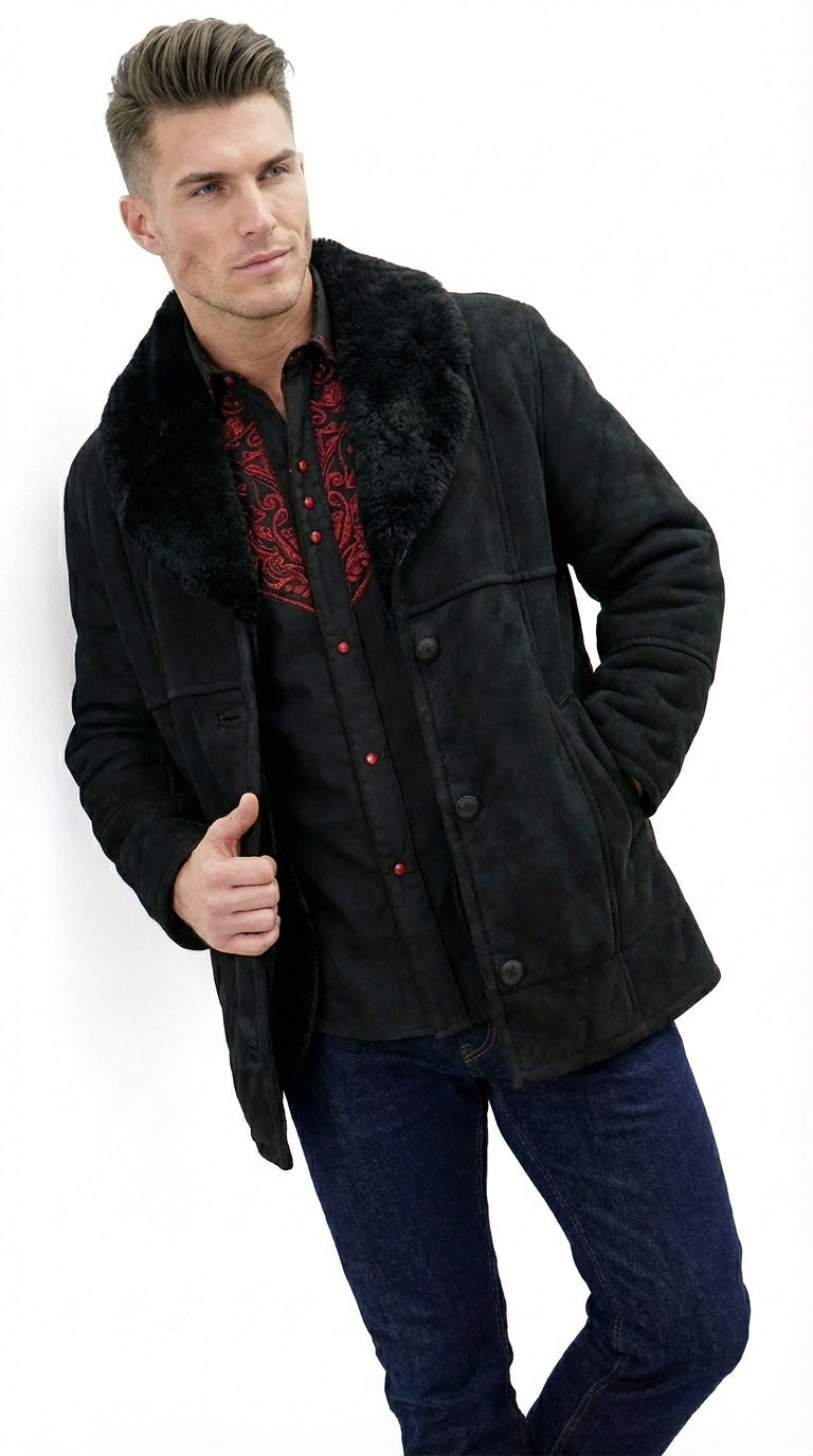 Men’s Black Sheepskin Leather Jacket Cowboy – Warm Faux Fur Collar Coat, Winter Long Jacket, Casual Western Style Outerwear - S